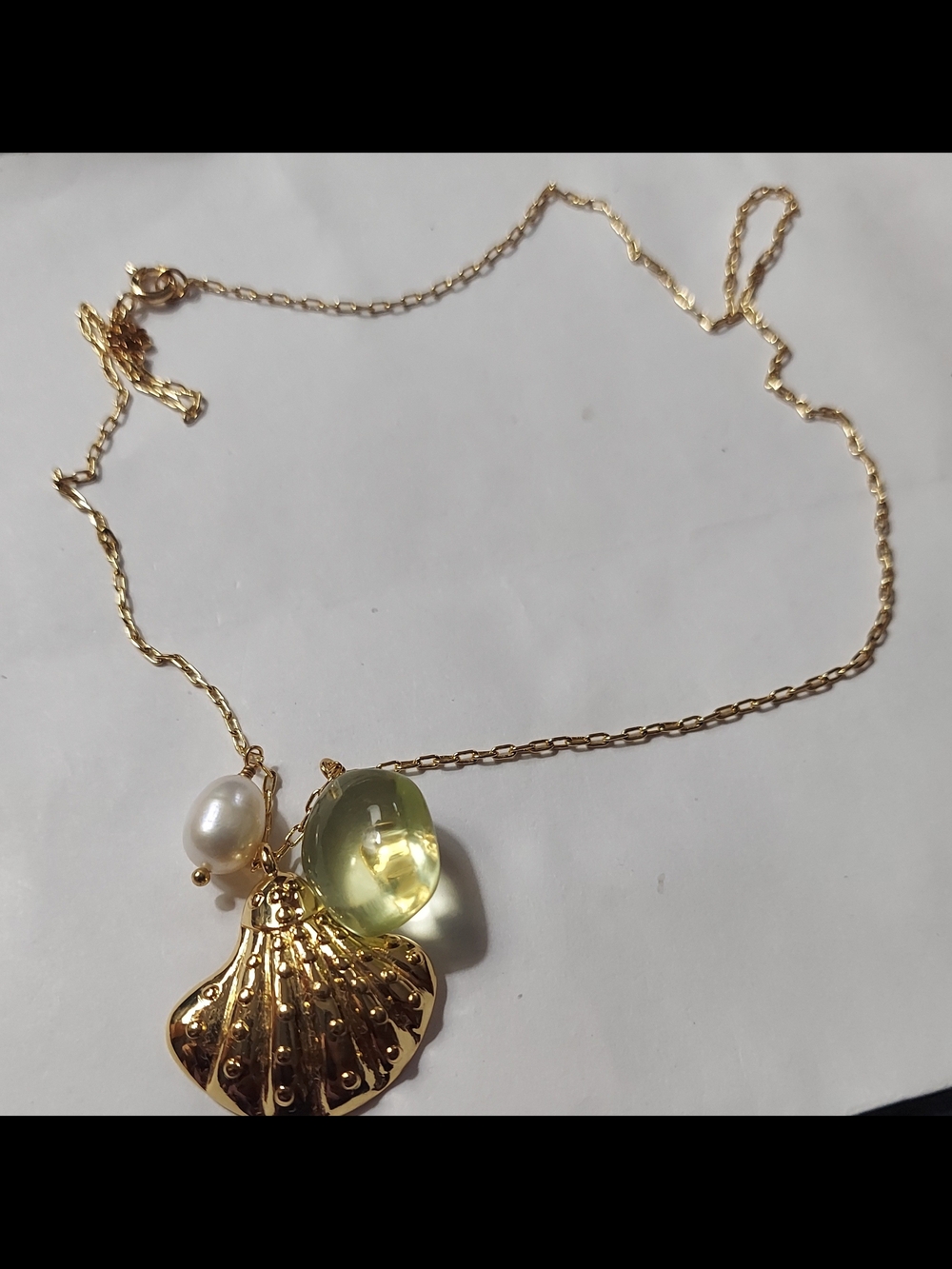 Tory Burch Gold Shell Pendant Necklace with Pearl and Pale Green Charm - Picture 2 of 4